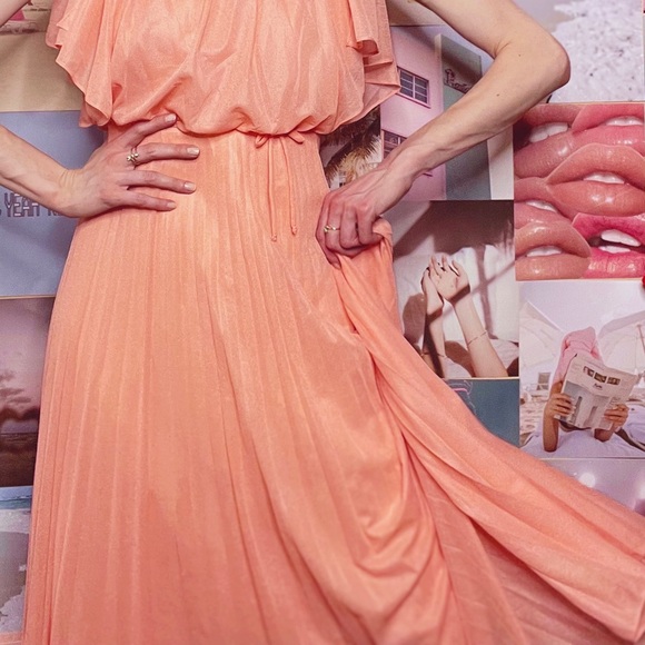 VINTAGE 1970s NEW Salmon Coral Orange Pink Pleated Grecian Bridesmaid Maxi Dress - Picture 6 of 10